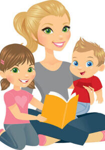 A beautiful mother, adorable son and pretty little daughter happily reading together.